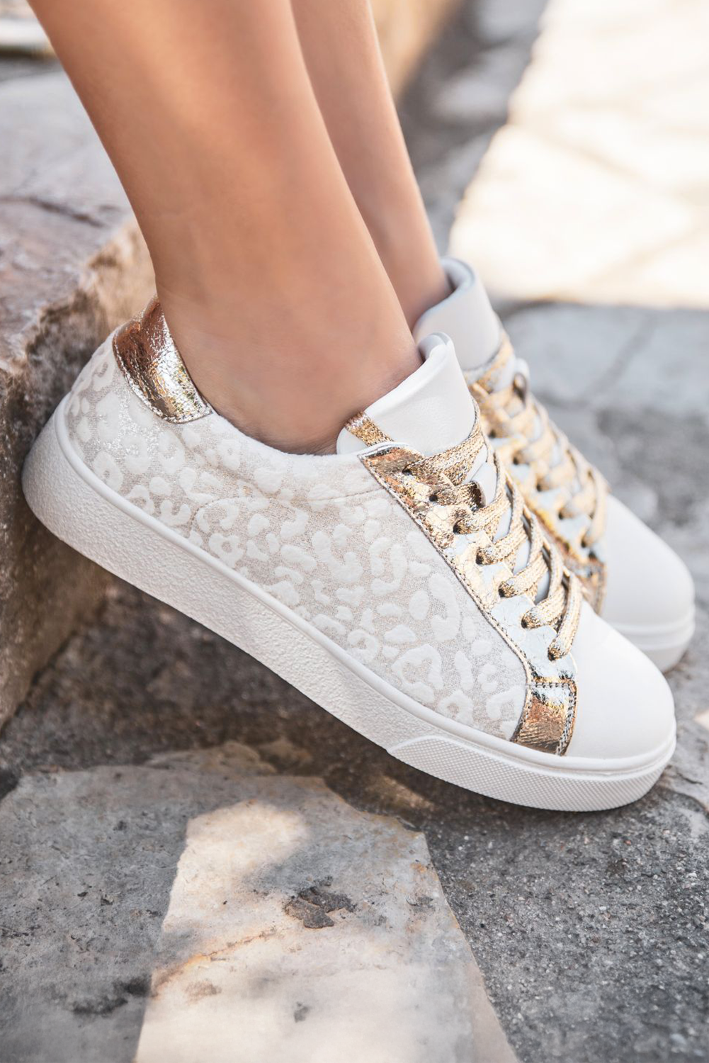 White Leopard Print Lace-Up Sneaker