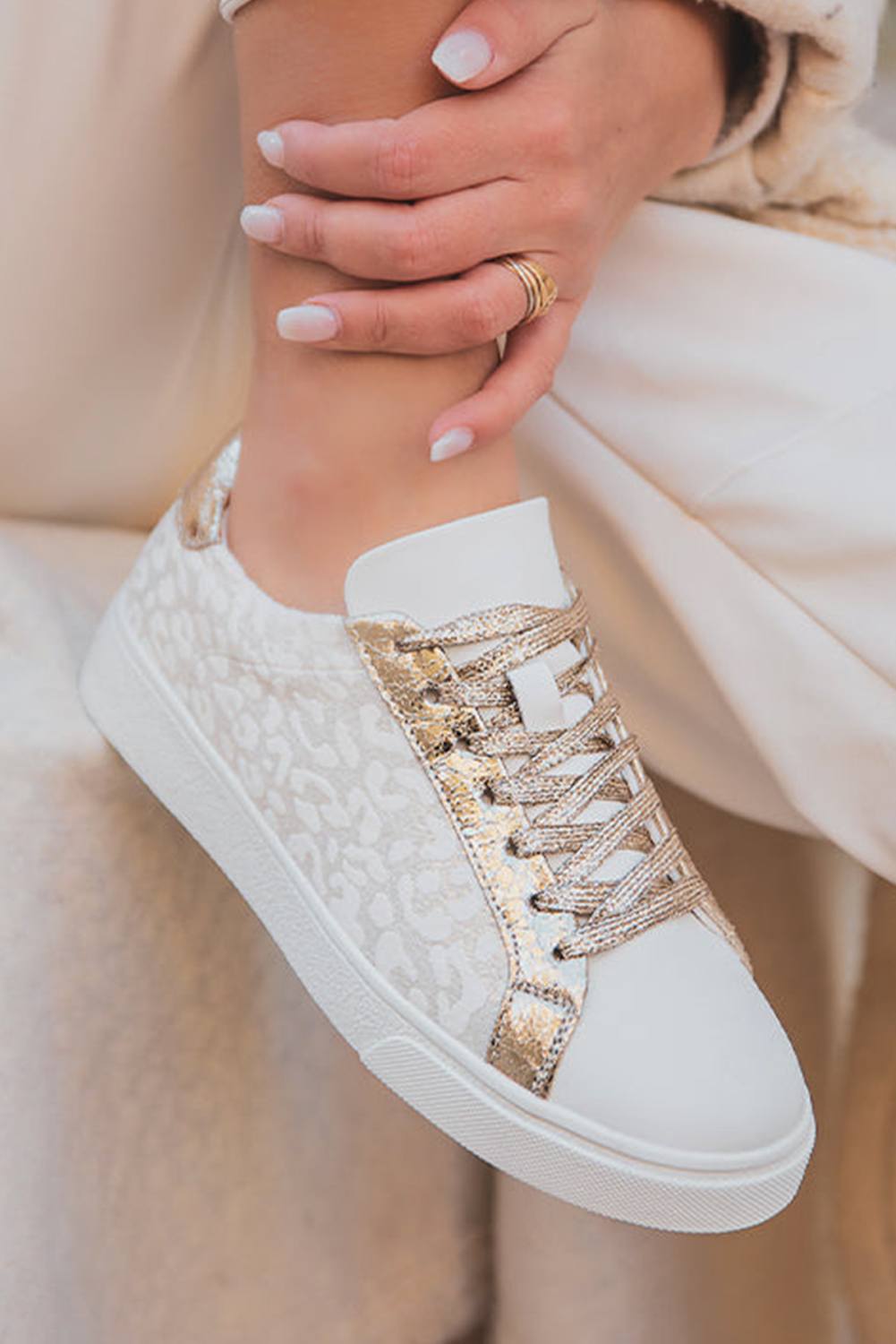 White Leopard Print Lace-Up Sneaker
