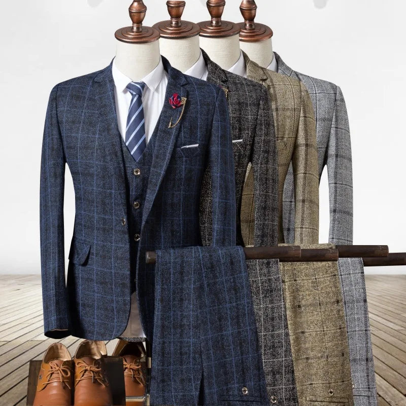 Luxury Plaid Suit Set — Blazer, Waistcoat & Trousers