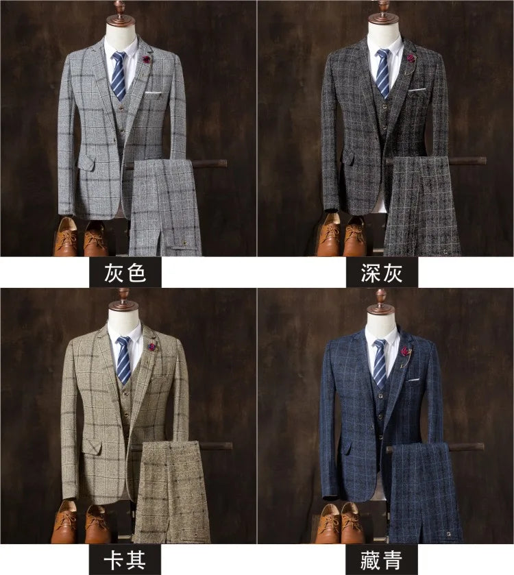 Luxury Plaid Suit Set — Blazer, Waistcoat & Trousers