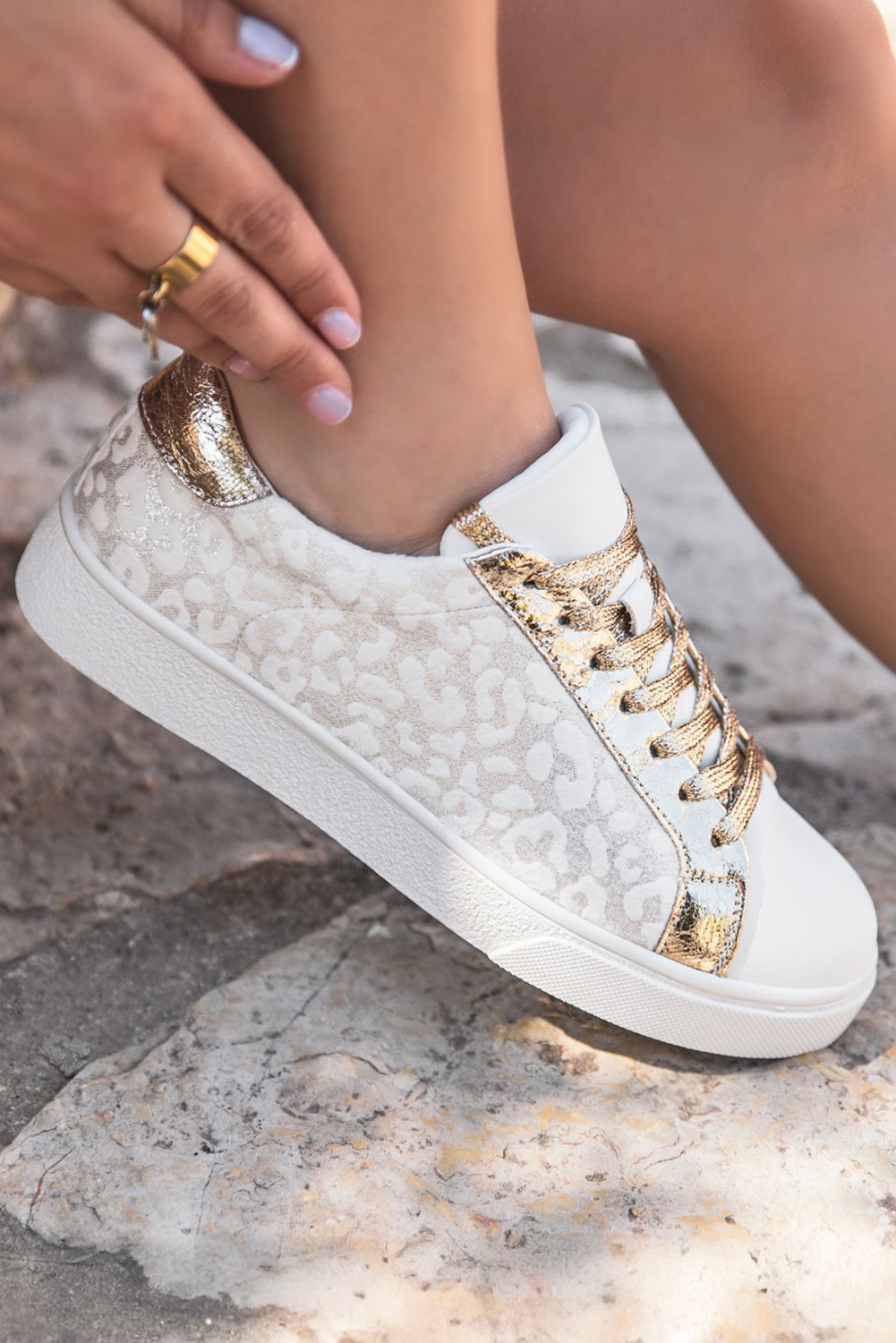 White Leopard Print Lace-Up Sneaker